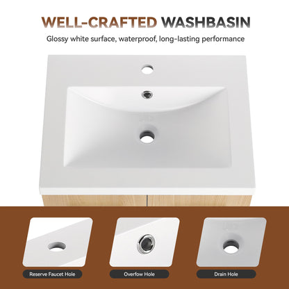Freestanding Bathroom Vanity Set With Tall Linen Cabinet, Single Sink, Extra Storage, Soft Close Doors - Glossy White / Light Oak