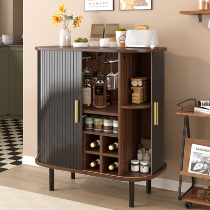 Fluted Wine Bar Cabinet With 8 Grid Wine Rack, 5 Level Adjustable Shelves, 2 Glass Holders