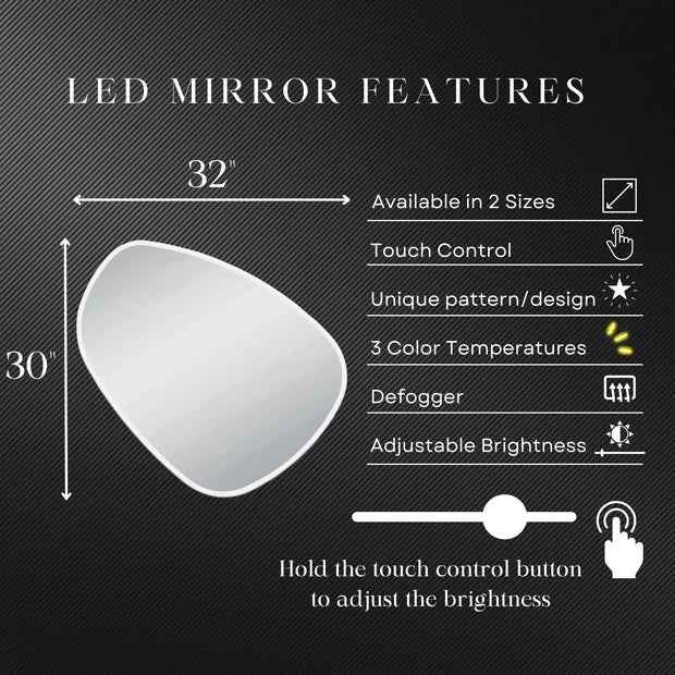 Eva Irregular Shaped LED Lighted Mirror with Dimmer & Defogger - Available in 2 Sizes