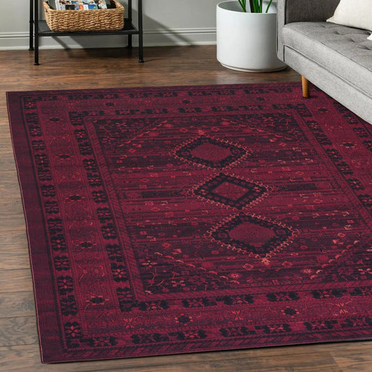 Playa Rug Machine Washable Area Rug With Non Slip Backing - Stain Resistant - Eco Friendly - Family and Pet Friendly - Olympus Turkoman Bokhara Oriental Burgundy Design 5'8''x9'