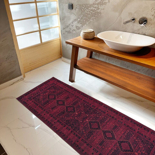 Playa Rug Machine Washable Area Rug With Non Slip Backing - Stain Resistant - Eco Friendly - Family and Pet Friendly - Olympus Turkoman Bokhara Oriental Burgundy Design 2'8''x8'