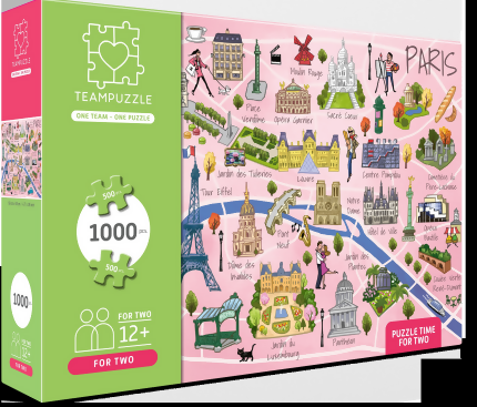 TEAMPUZZLE FOR TWO: Paris - 1,000pc Puzzle, 2 Jigsaw Sections, Illustrated City Destinations Map, 27 x 19, Includes QR Code Extras, Family & Friends 12+