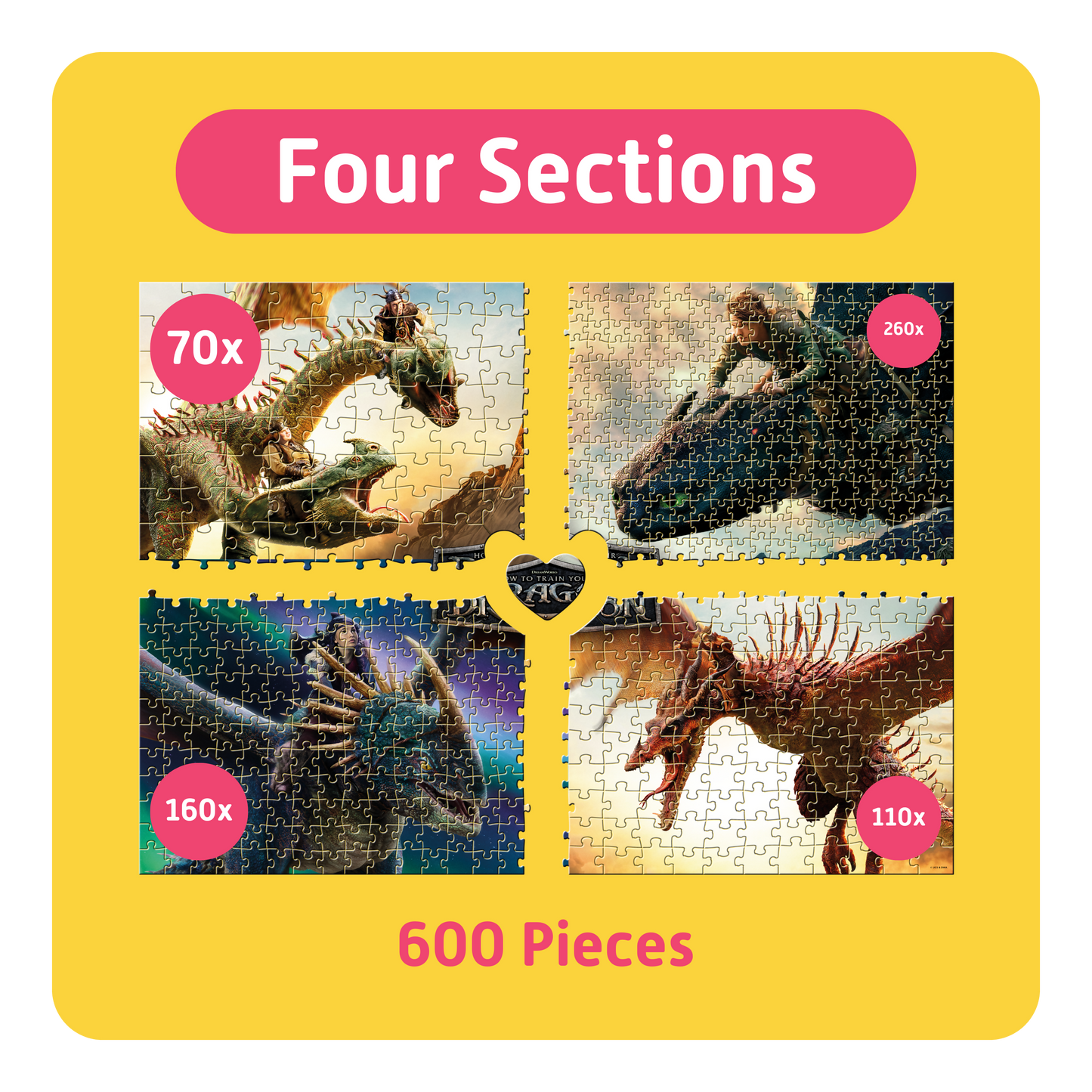 TEAMPUZZLE FOR FAMILIES: How to Train Your Dragon – 600-Piece Family Jigsaw Puzzle – Large & Small Puzzle Pieces – Ages 4+