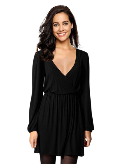 YESFASHION Women V-Neck A-Line Solid Plain Party Casual Mini Dress Blue