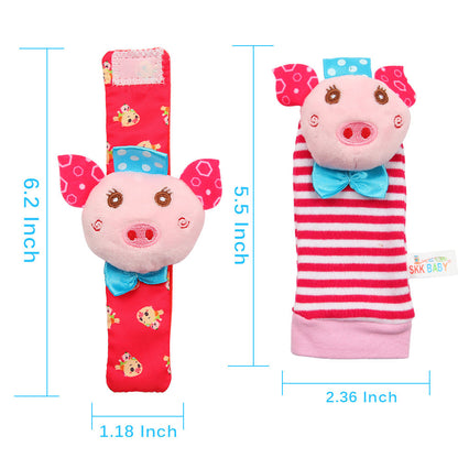 ACEKID Baby Rattle Set 4Pcs Wrist Rattle and Socks Toys Set Pig and Puppy