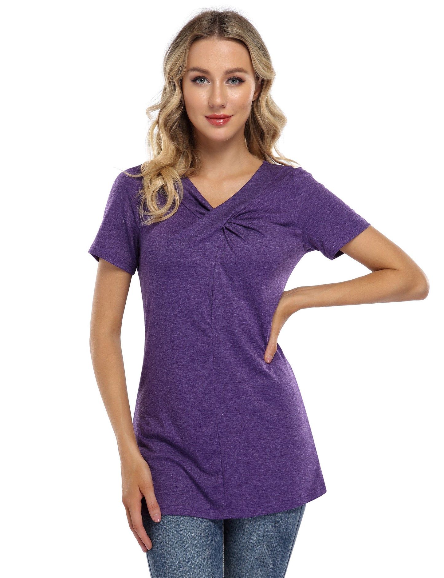 CLEARLOVE knot hem tops for women V Neck Blouse Purple