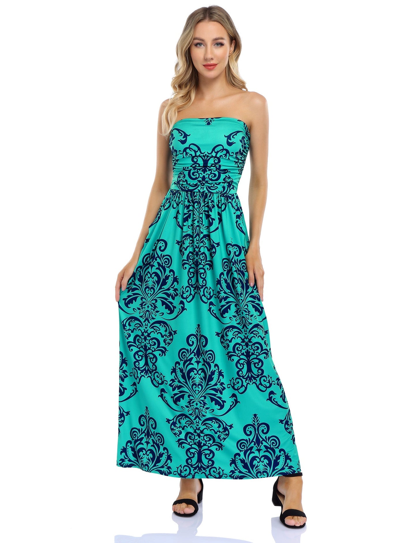 YESFASHION Women's Strapless Graceful Floral Party Maxi Long Dress Wine Red