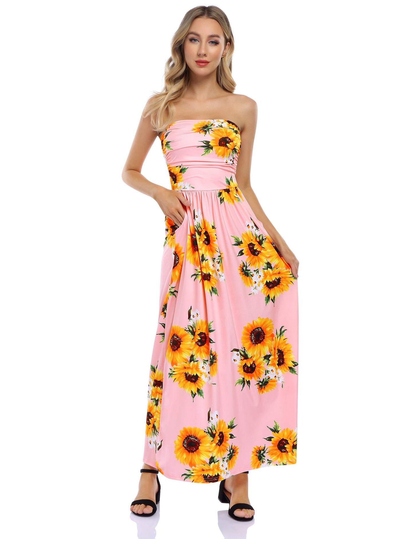 YESFASHION Women's Strapless Graceful Floral Party Maxi Long Dress