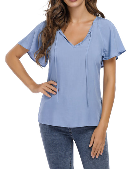 YESFASHION Women's V Neck Top Short Ruffle Drawstring Shirt