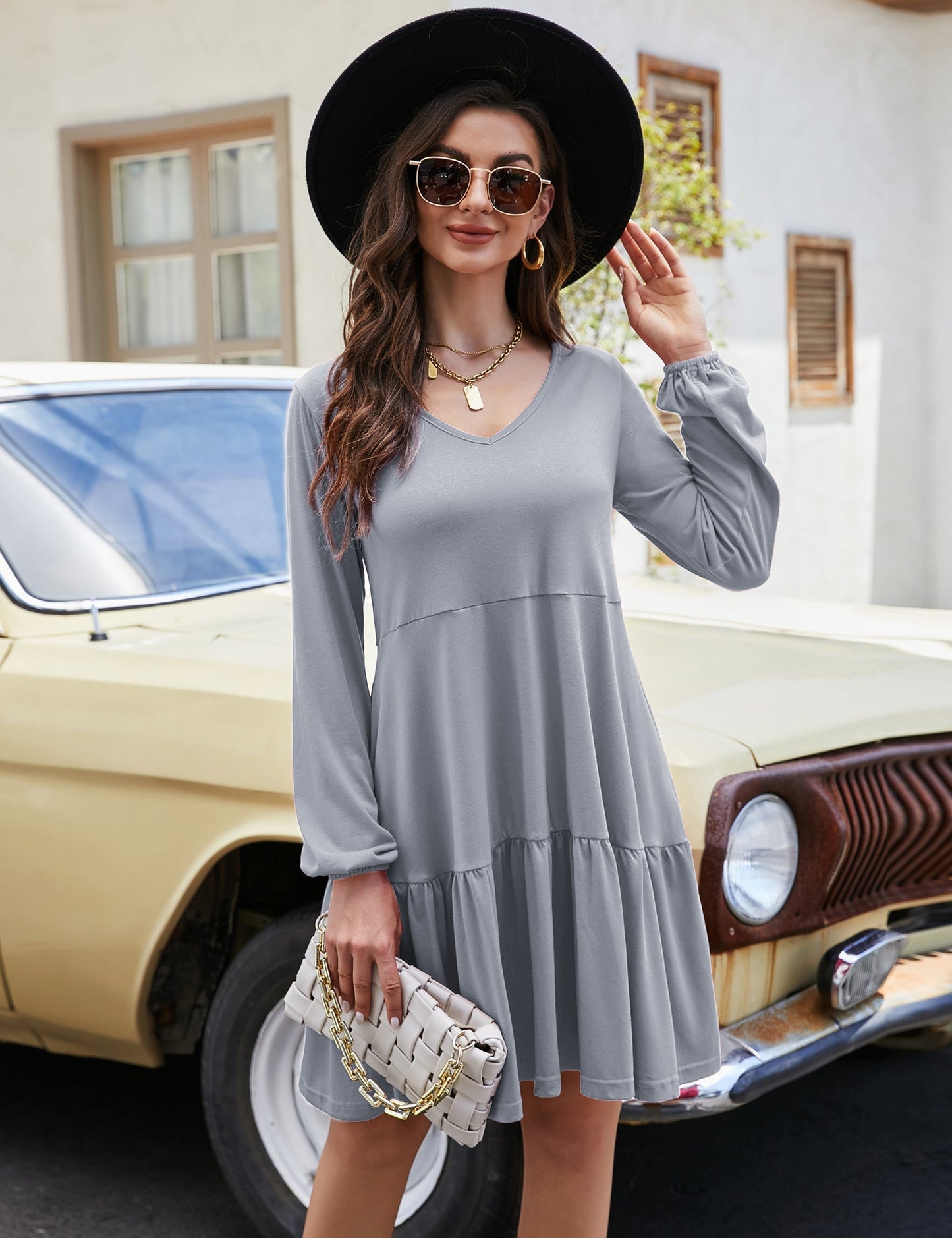 YESFASHION Women's V Neck Layered Dress Long Sleeve Dress Green