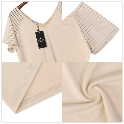 YESFASHION Sheer Sleeve Top Casual Panel V-Neck T-Shirt Apriot