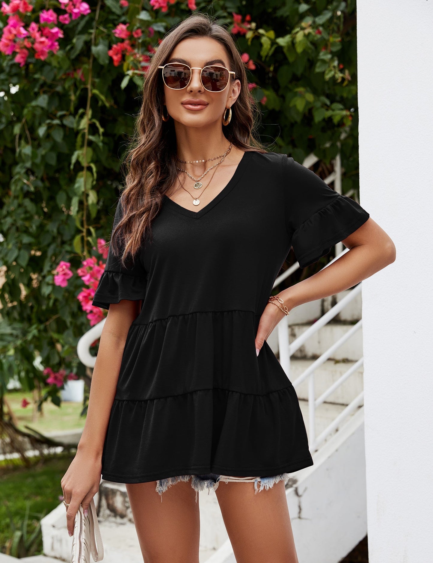 CLEARLOVE Peplum Tops for Women Summer Casual V Neck T Shirts White