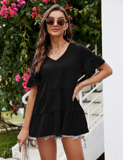 CLEARLOVE Peplum Tops for Women Summer Casual V Neck T Shirts White