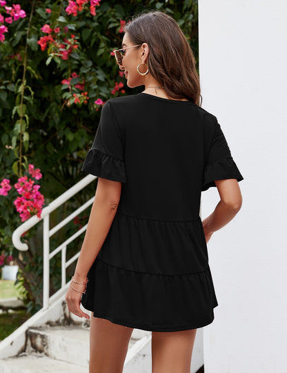 CLEARLOVE Peplum Tops for Women Summer Casual V Neck T Shirts Black