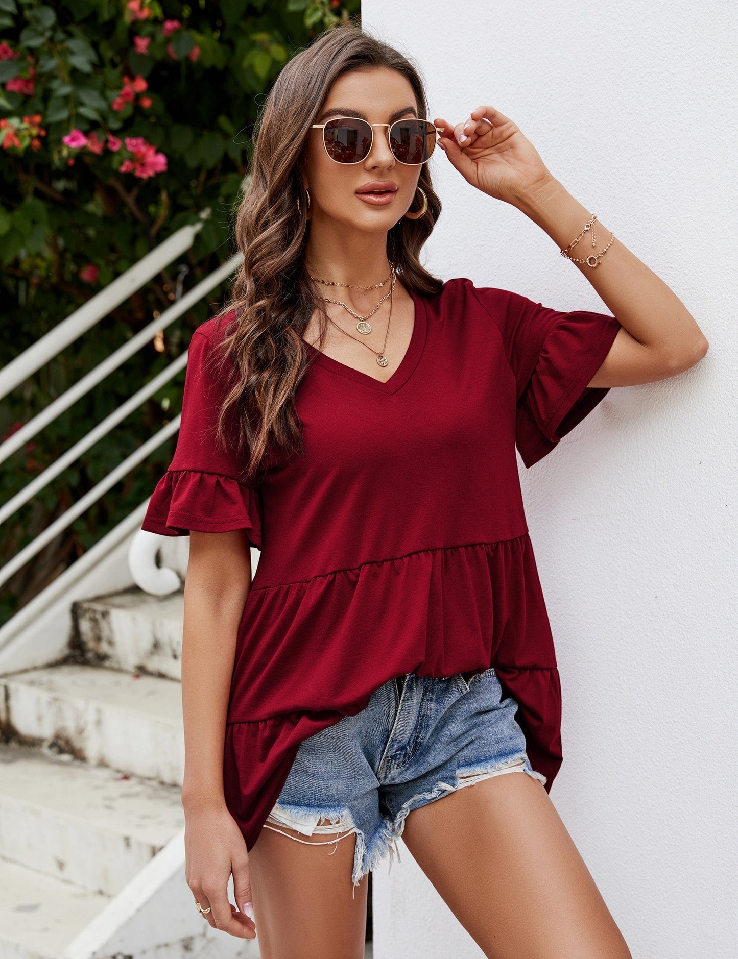 CLEARLOVE Peplum Tops for Women Summer Casual V Neck T Shirts Wine Red