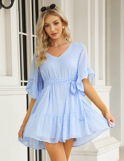 YESFASHION Women's Summer Chiffon Polka Dot Bell Sleeve Dress Green