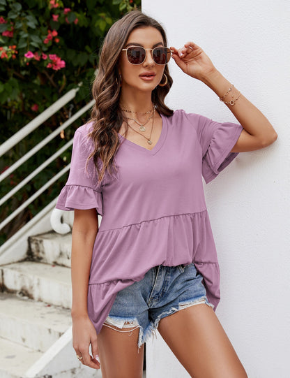 CLEARLOVE Peplum Tops for Women Summer Casual V Neck T Shirts White