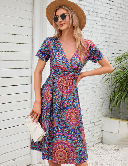 YESFASHION Women's V-neck Casual Dress Vintage Purple