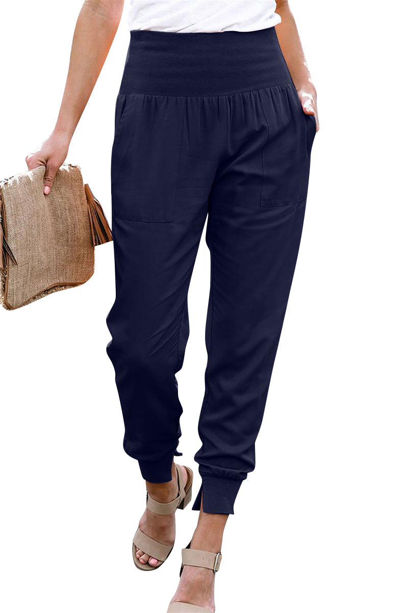 YESFASHION Solid Color Women High Waist Pants Slit Casual Pants