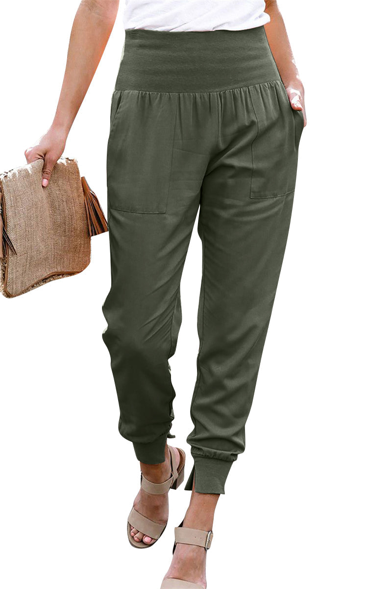 YESFASHION Solid Color Women High Waist Pants Slit Casual Pants