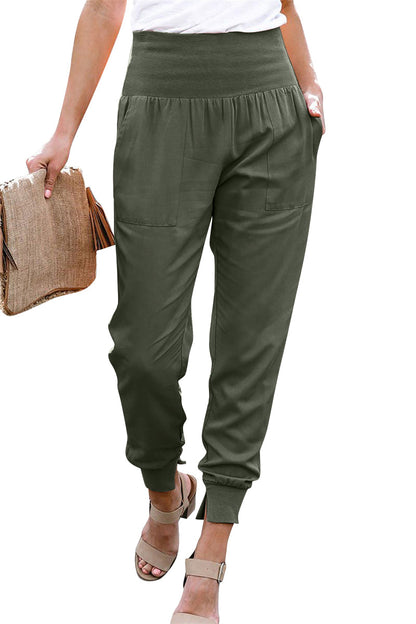 YESFASHION Solid Color Women High Waist Pants Slit Casual Pants