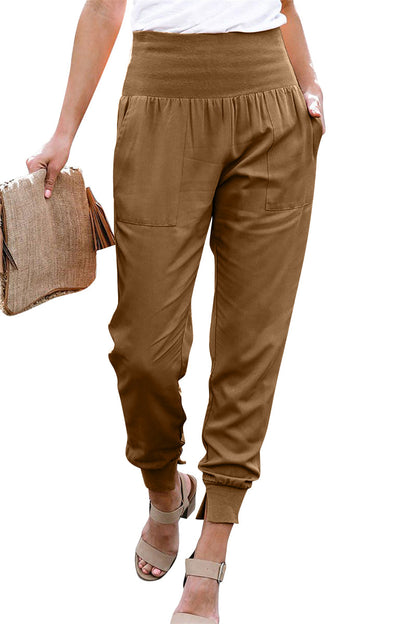 YESFASHION Solid Color Women High Waist Pants Slit Casual Pants