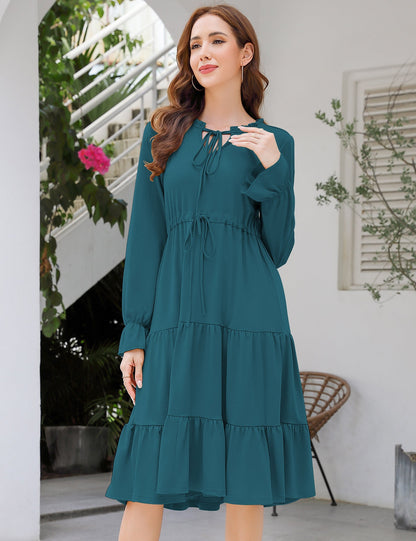 YESFASHION Casual V Neck Polka Dot Puff Sleeve Ruffles Dress Brown