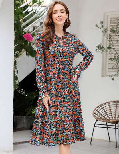 YESFASHION Casual V Neck Polka Dot Puff Sleeve Ruffles Dress Brown