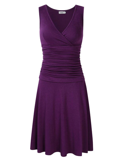 Women V Neck Sleeveless Crossover Wrap Ruched Waist Slimming Swing Cocktail Dress