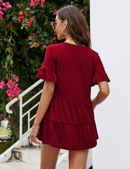 CLEARLOVE Peplum Tops for Women Summer Casual V Neck T Shirts Wine Red