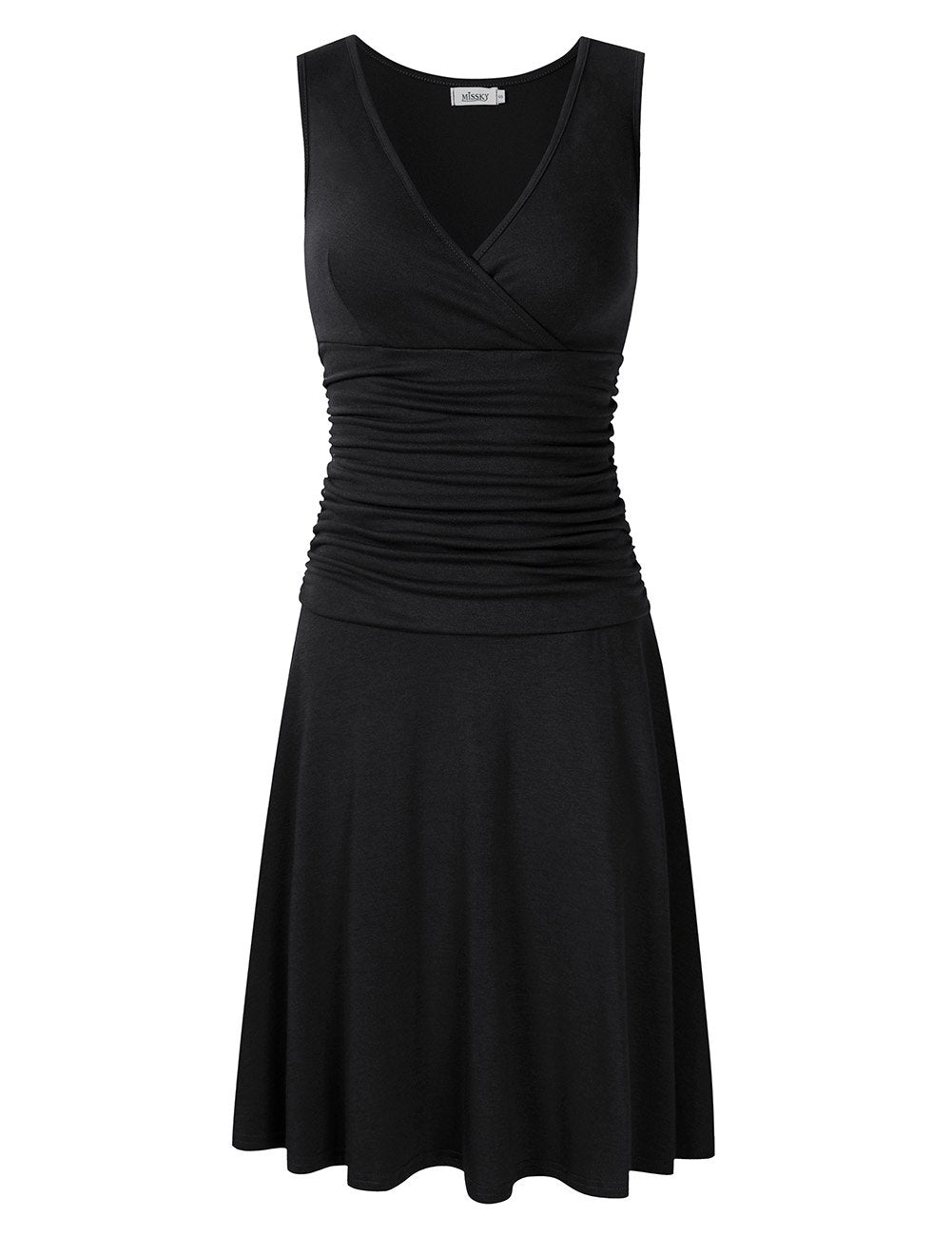 Women V Neck Sleeveless Crossover Wrap Ruched Waist Slimming Swing Cocktail Dress