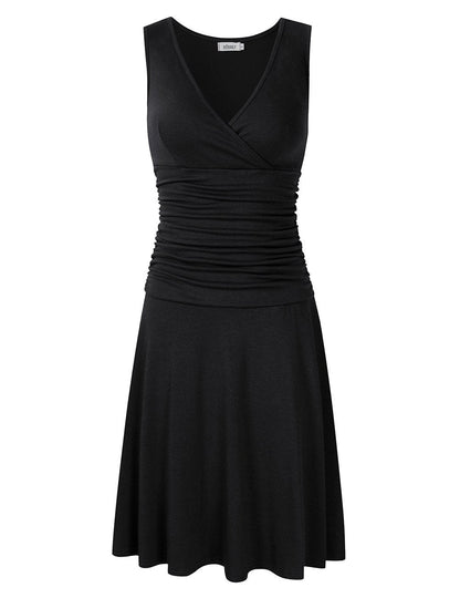 Women V Neck Sleeveless Crossover Wrap Ruched Waist Slimming Swing Cocktail Dress