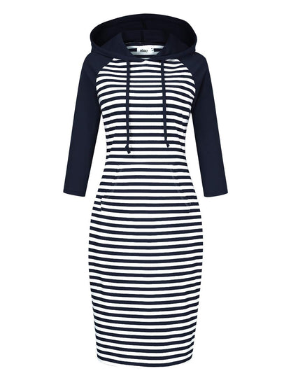 Women 3/4 Sleeve Stripe Pocket Slim Sweatshirt Pullover Hoodie Dress