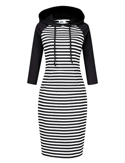 Women 3/4 Sleeve Stripe Pocket Slim Sweatshirt Pullover Hoodie Dress