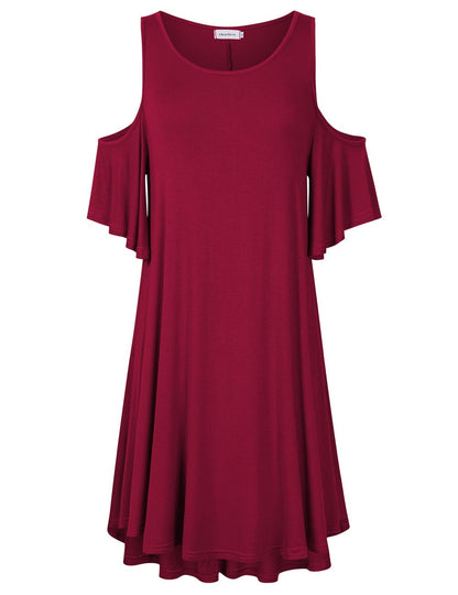 Women Plus Size Summer Round Neck Solid Cold Shoulder Loose Casual Blouse Dress