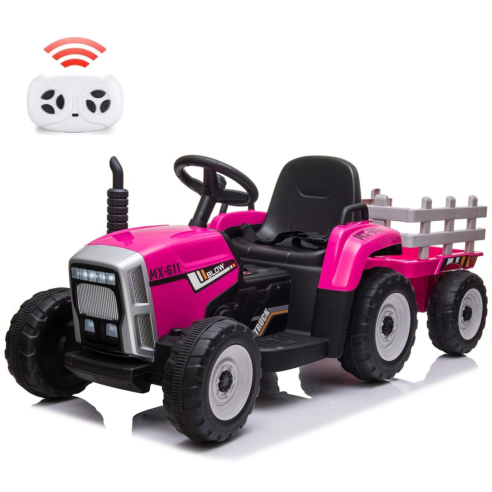 12V Kids Battery Powered Electric Tractor with Trailer, Toddler Ride On Car w/ Remote Control, 7-LED Headlights, 2+1 Gear Shift, MP3 Player USB Port for Kids 3-6 Years (Rose, 25W/ Tread Tire)