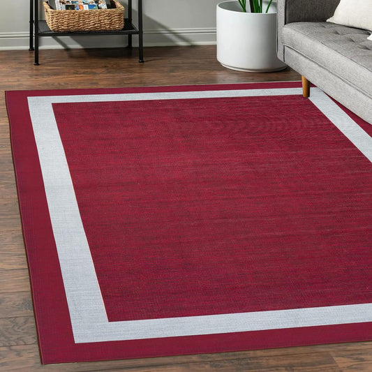 Playa Rug Machine Washable Area Rug With Non Slip Backing - Stain Resistant - Eco Friendly - Family and Pet Friendly - Everest Geometric Modern Bordered Burgundy&Creme Design 8'x10'