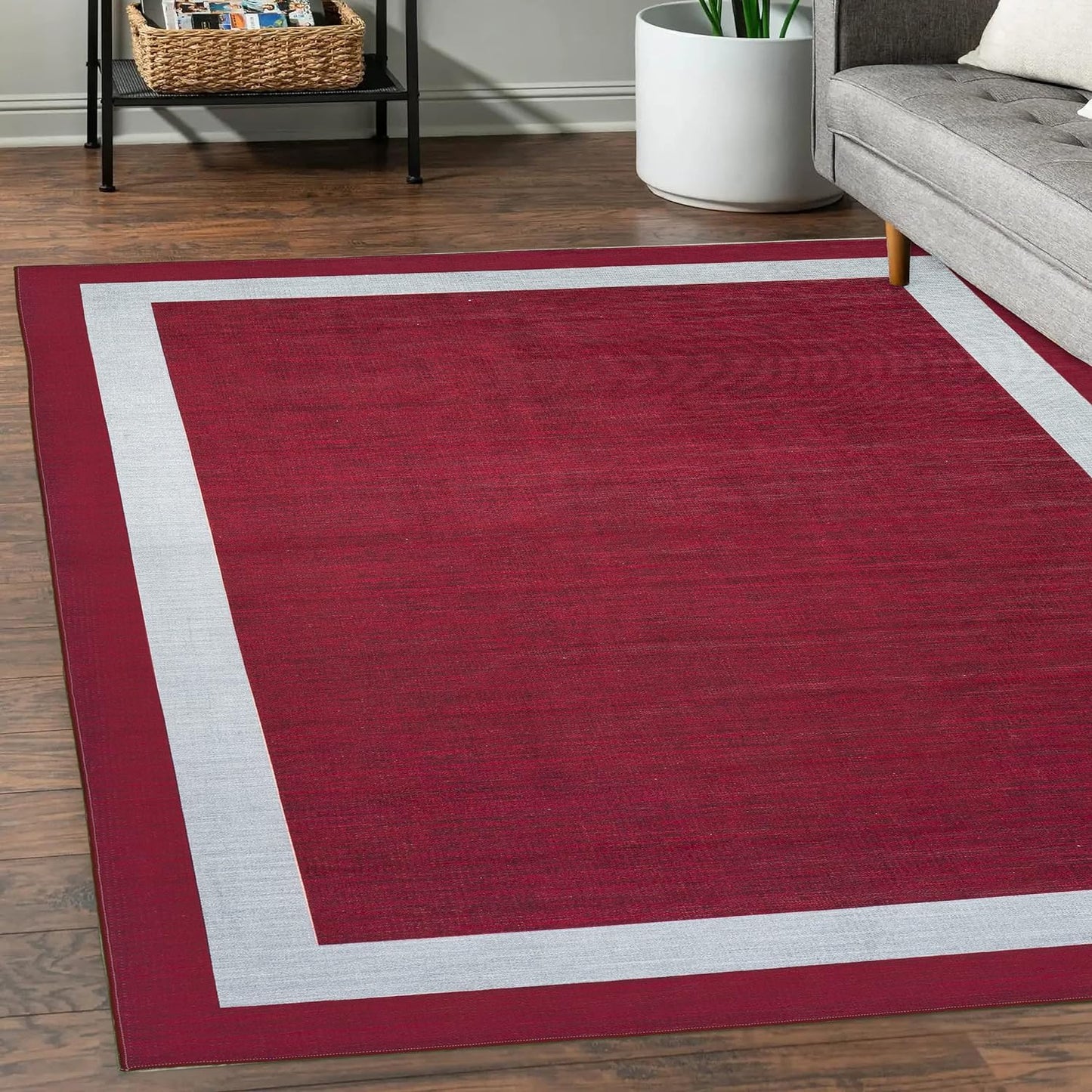 Playa Rug Machine Washable Area Rug With Non Slip Backing - Stain Resistant - Eco Friendly - Family and Pet Friendly - Everest Geometric Modern Bordered Burgundy&Creme Design 5'8''x9'