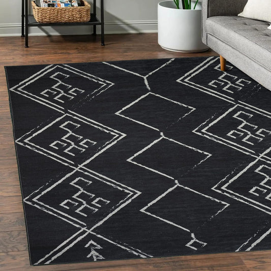 Playa Rug Machine Washable Area Rug With Non Slip Backing - Stain Resistant - Eco Friendly - Family and Pet Friendly - Aspen Tribal Moroccan Bohemian Black&Creme Design 4'x6'
