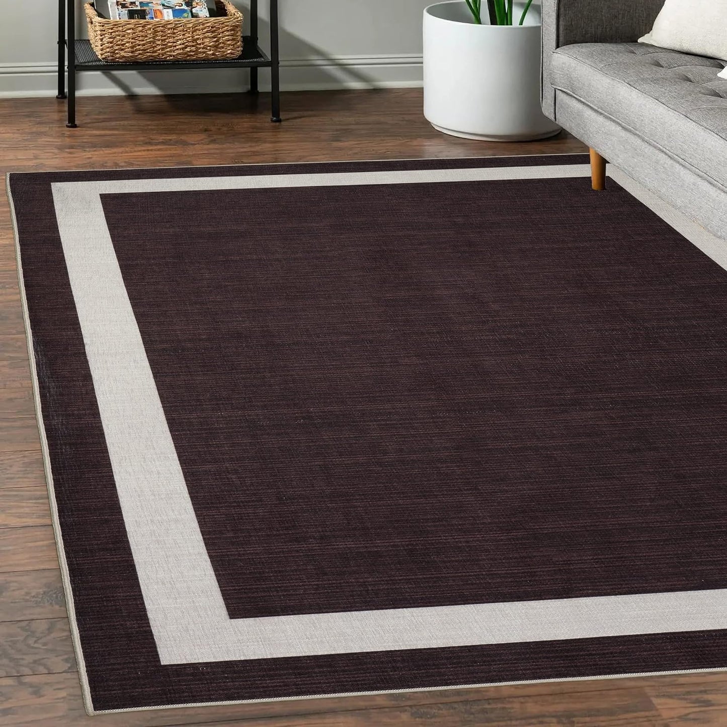 Playa Rug Machine Washable Area Rug With Non Slip Backing - Stain Resistant - Eco Friendly - Family and Pet Friendly - Everest Geometric Modern Bordered Brown&Creme Design 4'x6'