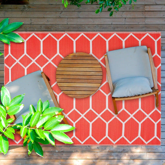 Playa Outdoor Rug - Crease-Free Recycled Plastic Floor Mat for Patio, Camping, Beach, Balcony, Porch, Deck - Weather, Water, Stain, Lightweight, Fade and UV Resistant - Miami- Orange & White (8'x10')