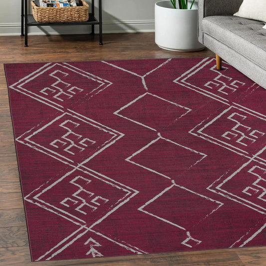 Playa Rug Machine Washable Area Rug With Non Slip Backing - Stain Resistant - Eco Friendly - Family and Pet Friendly - Aspen Tribal Moroccan Bohemian Burgundy&Creme Design 5'8''x9'
