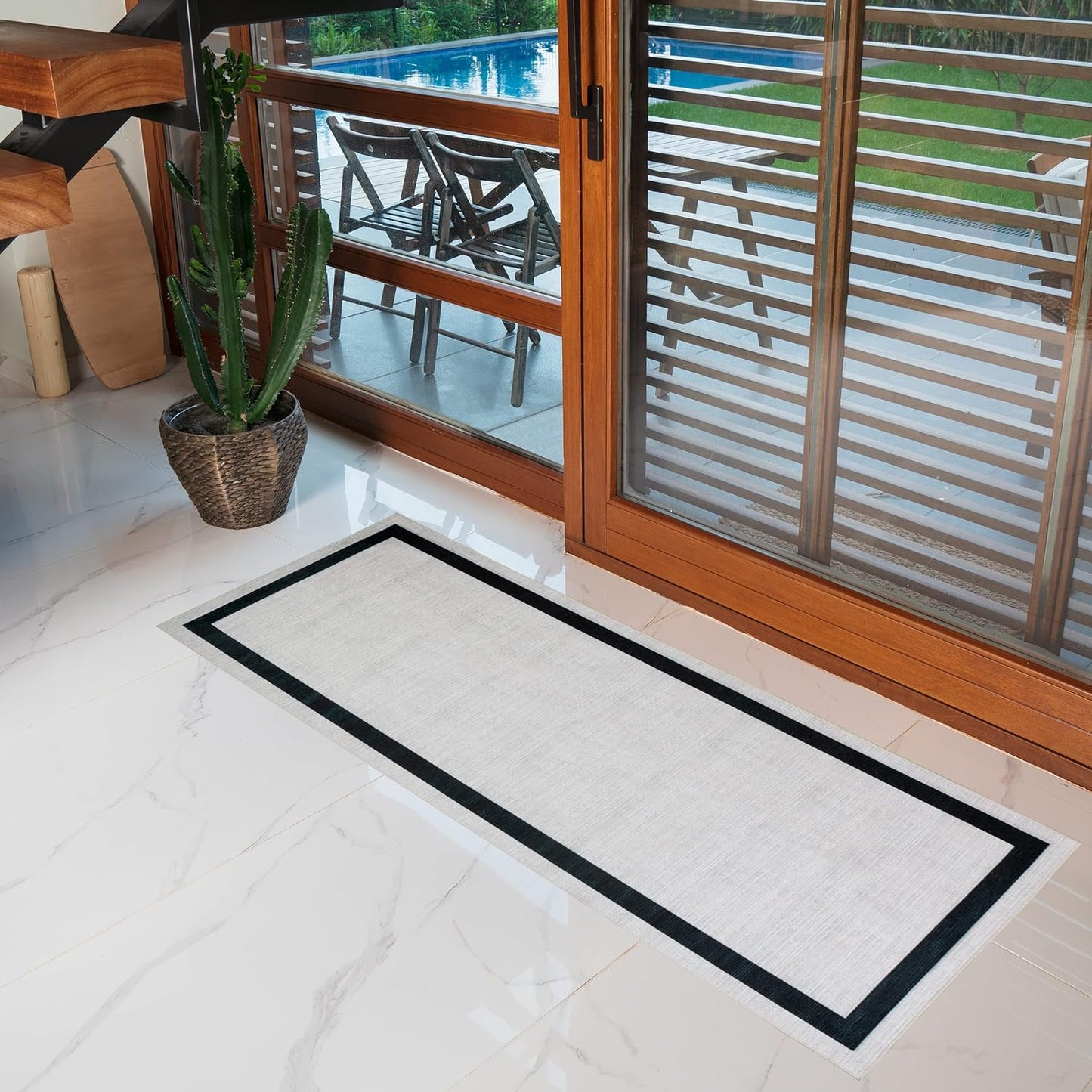 Playa Rug Machine Washable Area Rug With Non Slip Backing - Stain Resistant - Eco Friendly - Family and Pet Friendly - Everest Geometric Modern Bordered Creme&Black Design 2'8''x8'