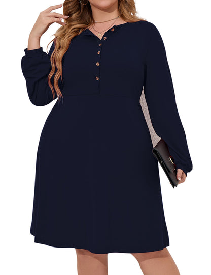 Women's Plus Size Button Up Long Balloon Sleeve Fall Dress