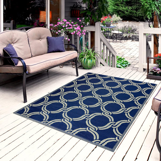 Playa Outdoor Rug - Crease-Free Recycled Plastic Floor Mat for Patio, Camping, Beach, Balcony, Porch, Deck - Weather, Water, Stain, Lightweight, Fade and UV Resistant - Marrakesh- Navy & Creme (6'x9')