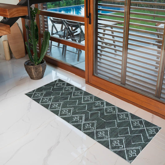 Playa Rug Machine Washable Area Rug With Non Slip Backing - Stain Resistant - Eco Friendly - Family and Pet Friendly - Aspen Tribal Moroccan Bohemian Green&Creme Design 2'2''x6'