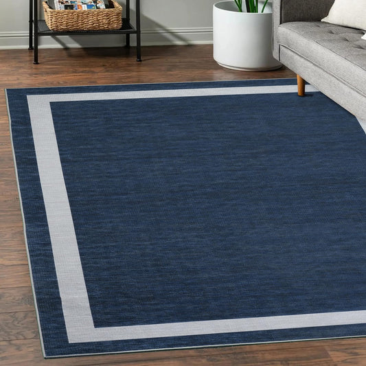 Playa Rug Machine Washable Area Rug With Non Slip Backing - Stain Resistant - Eco Friendly - Family and Pet Friendly - Everest Geometric Modern Bordered Navy&Creme Design 8'x10'