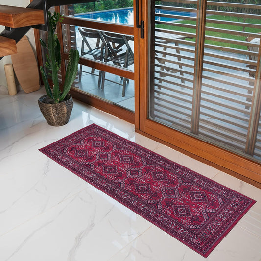 Playa Rug Machine Washable Area Rug With Non Slip Backing - Stain Resistant - Eco Friendly - Family and Pet Friendly - Denali Turkoman Bokhara Oriental Burgundy Design 2'8''x8'