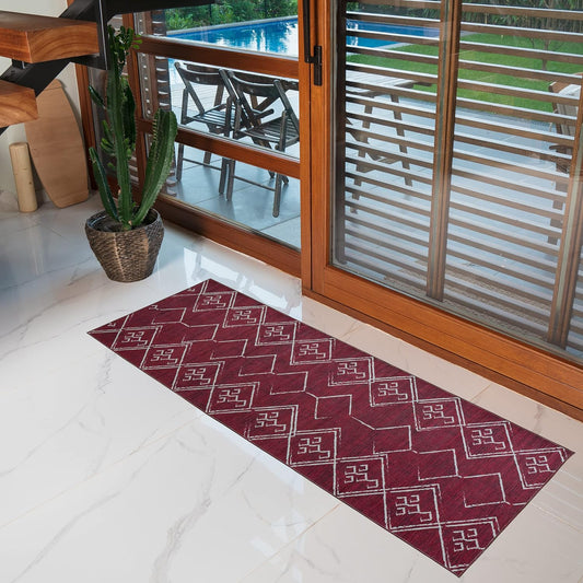 Playa Rug Machine Washable Area Rug With Non Slip Backing - Stain Resistant - Eco Friendly - Family and Pet Friendly - Aspen Tribal Moroccan Bohemian Burgundy&Creme Design 2'8''x8'