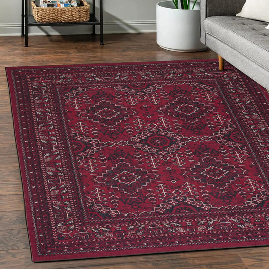 Playa Rug Machine Washable Area Rug With Non Slip Backing - Stain Resistant - Eco Friendly - Family and Pet Friendly - Denali Turkoman Bokhara Oriental Burgundy Design 8'x10'